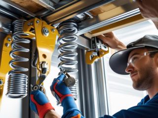 Technician Adjusting Torsion Garage Door Springs – Mound, MN Technician in blue uniform and gloves adjusting torsion springs on a residential garage door system using professional tools in Mound, MN.